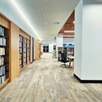 Bookshelves line a carpeted walkway
