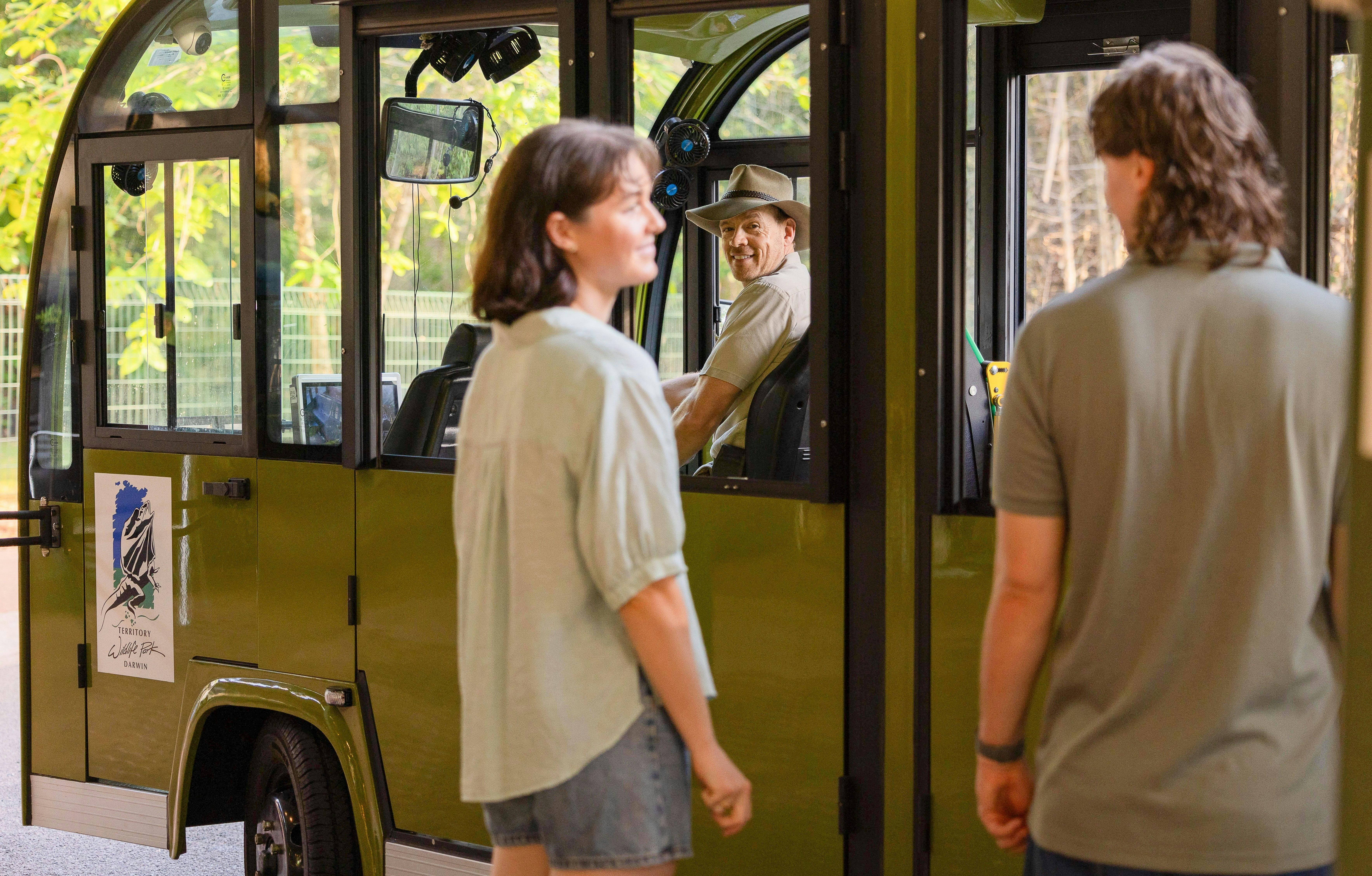 Free shuttle train transporting visitors between exhibits at Territory Wildlife Park.