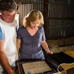 A couple viewing an information book in Blyth Homestead