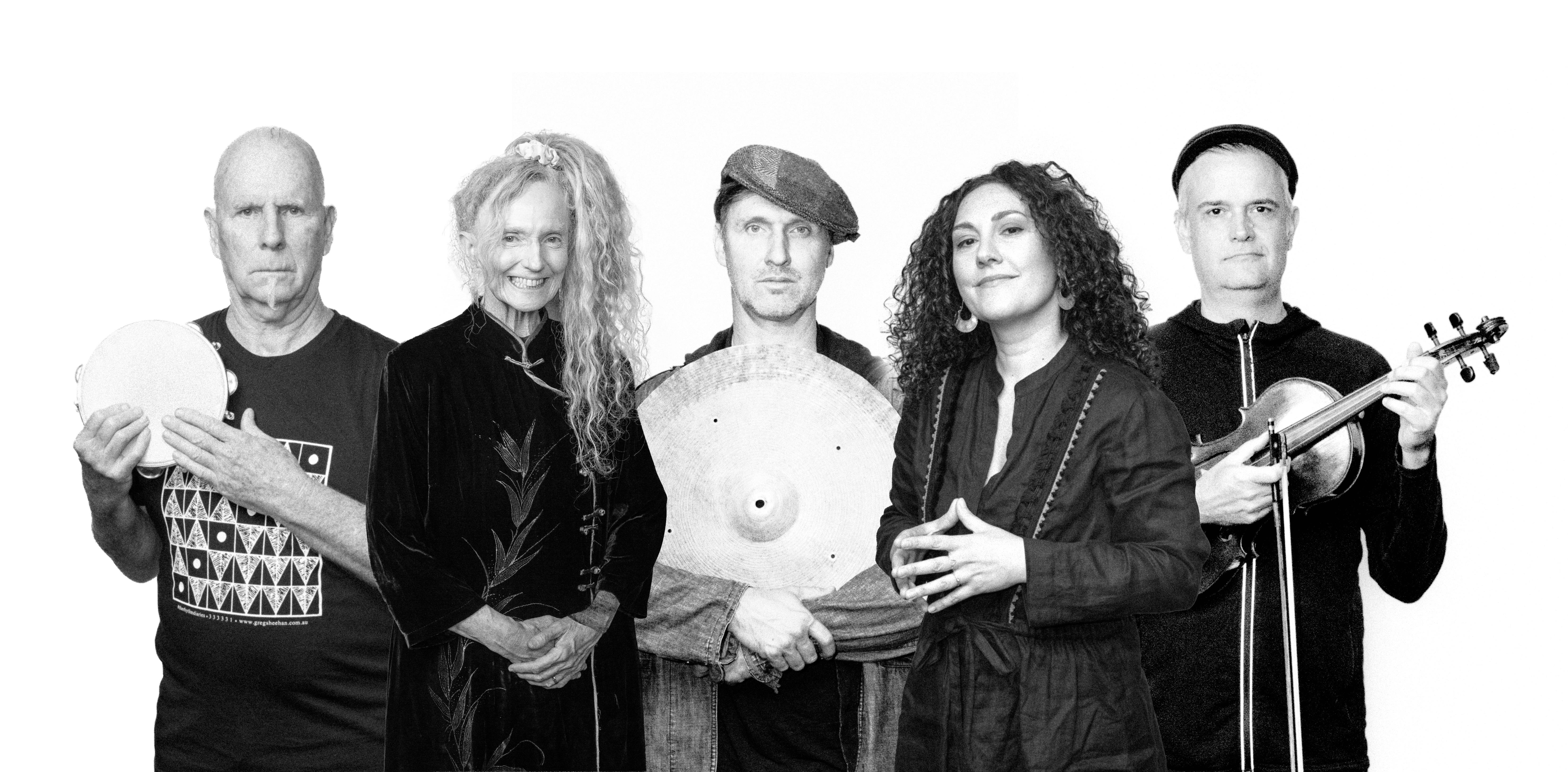 Black and white photograph of five band members holding instruments