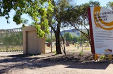 Detail of Entry Gate, off Memorial Drive, with some interpretive material.