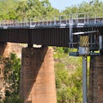 Detail of bridge and pylons. The galvanised railings are for a recently constructed inspection walkway along the bridge.