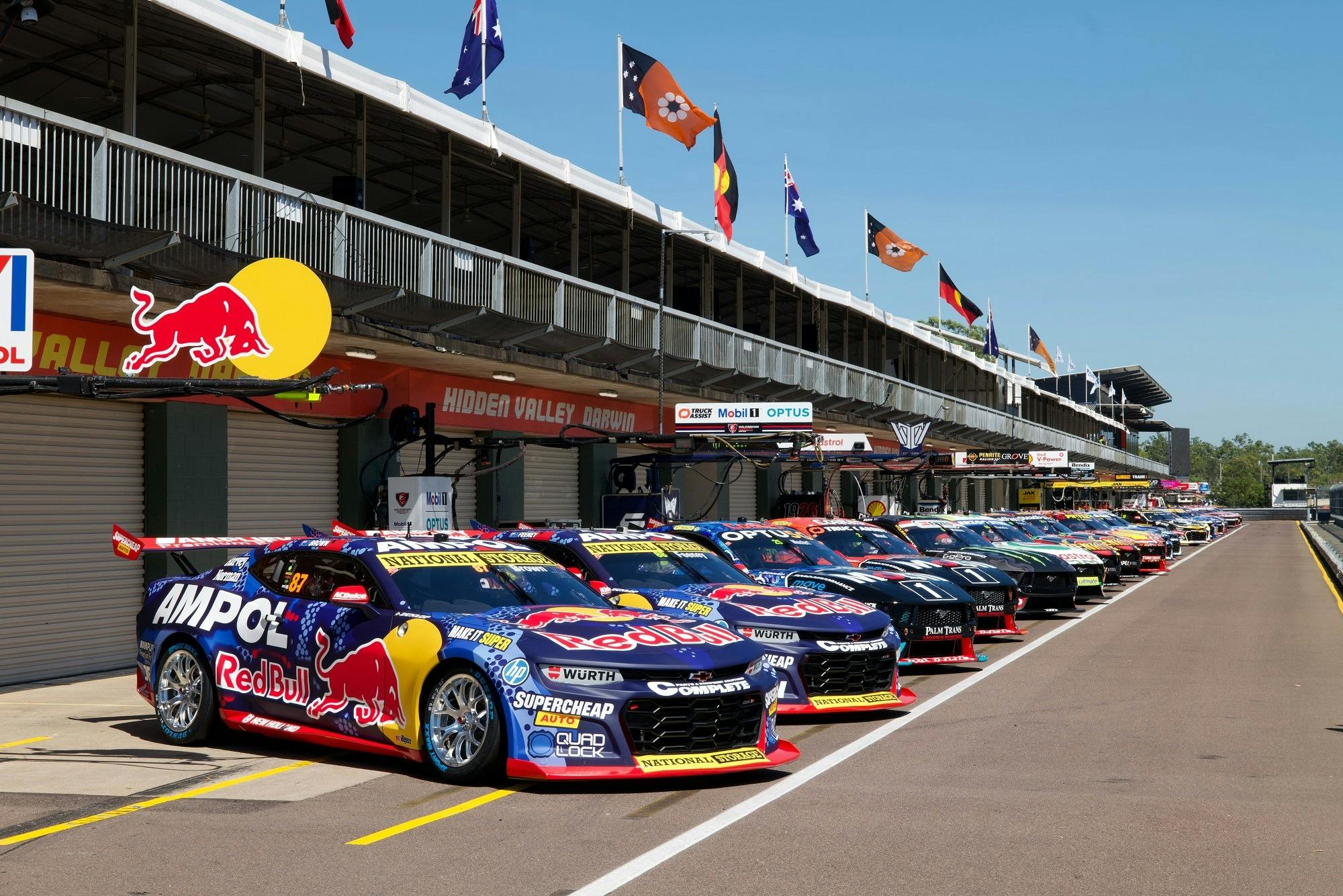 Pit lane at Hidden Valley with all Supercars parked ready for racing