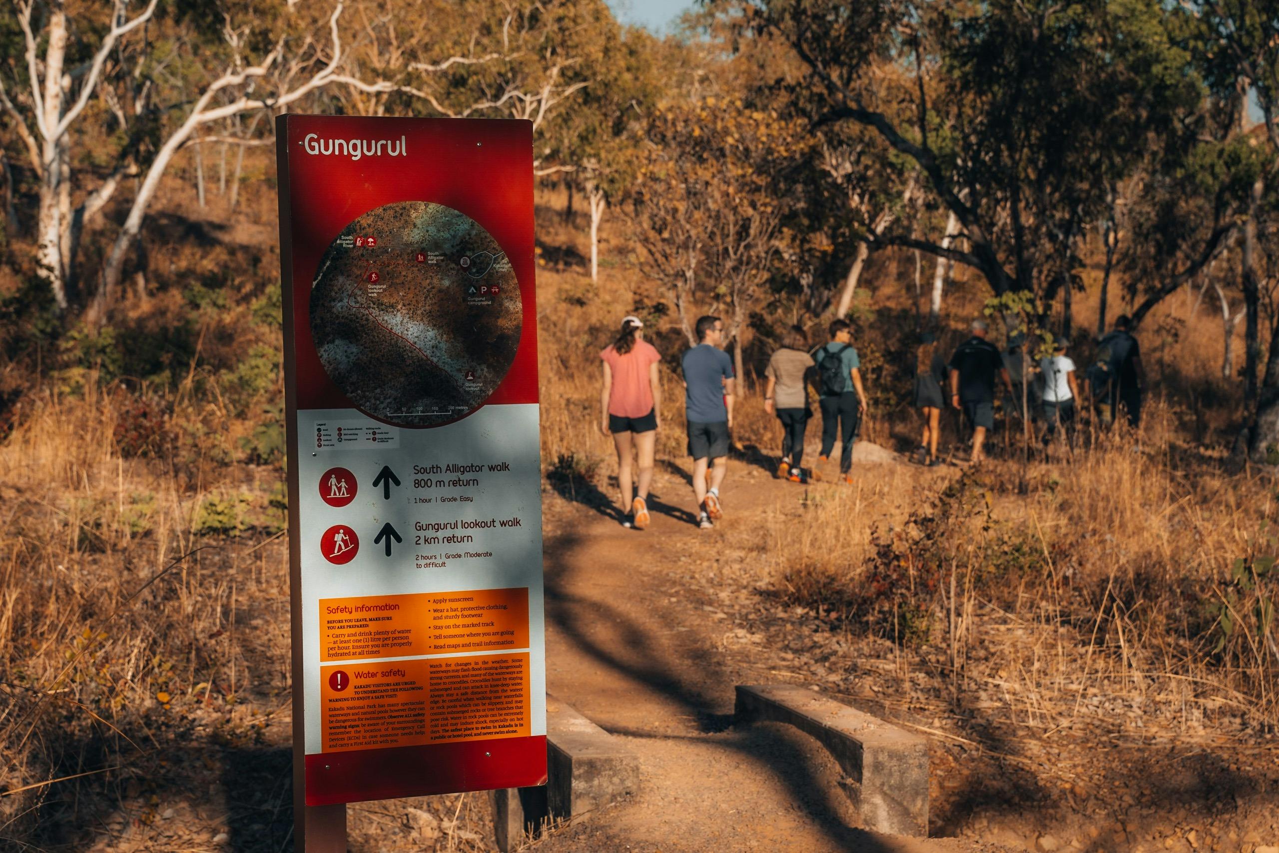 Gungurul signpost and group walking into forest