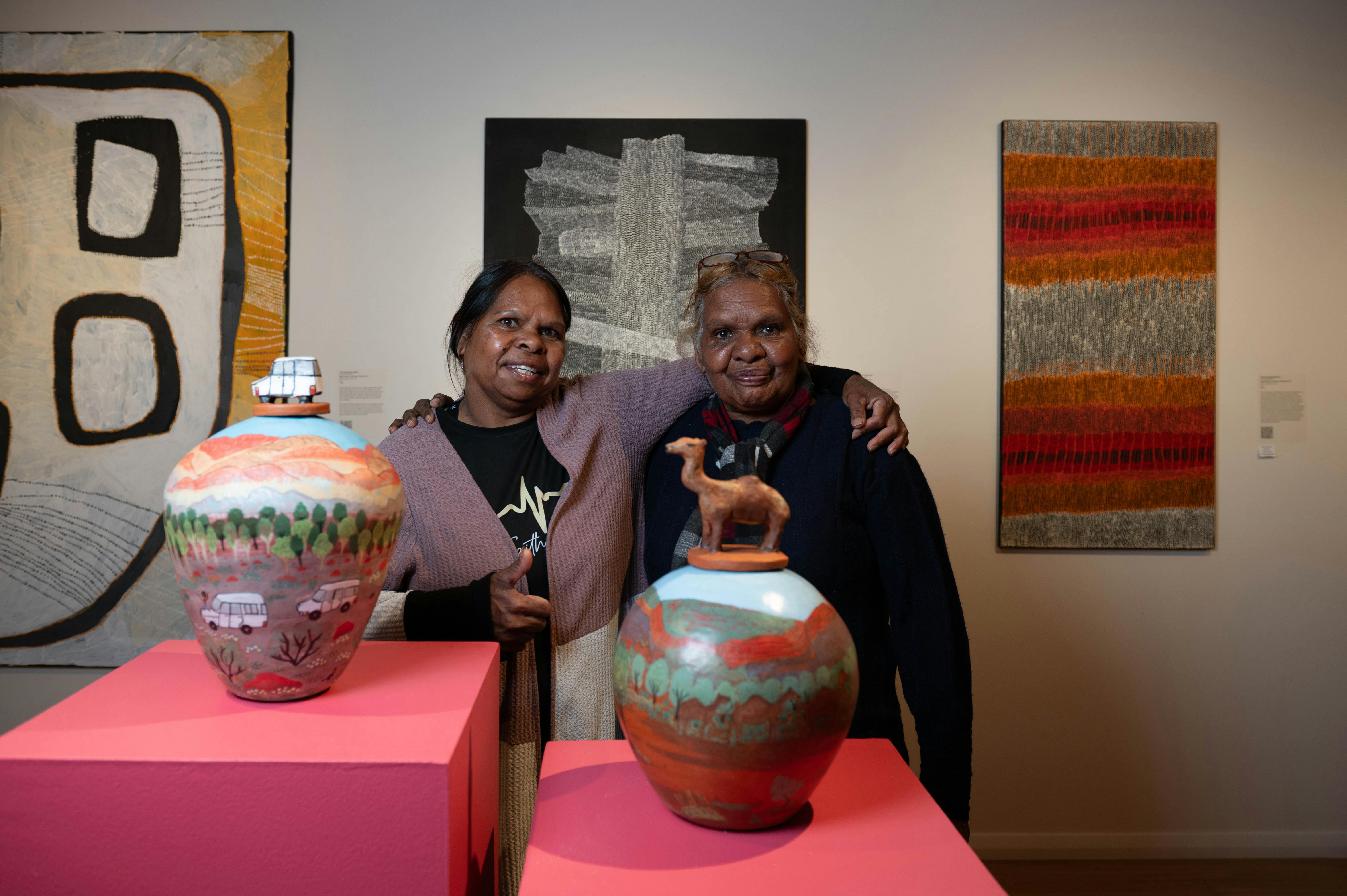 Andrea Pungarta Rontji and Hayley Panangka Coulthard, Hermmansburg Potter, Desert Mob Opening 2025.