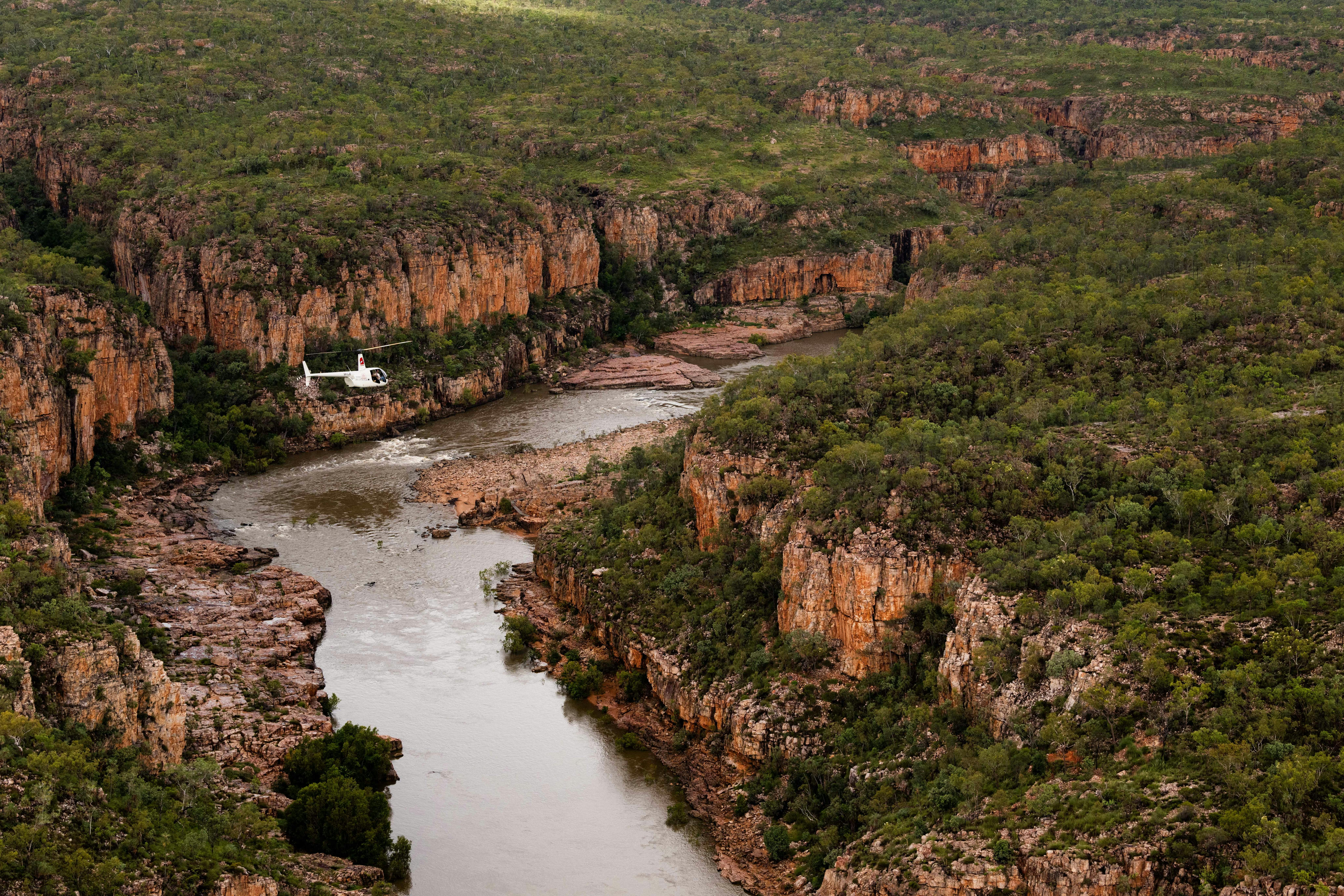 North Horizon helicopter flying through the Nitmiluk gorge