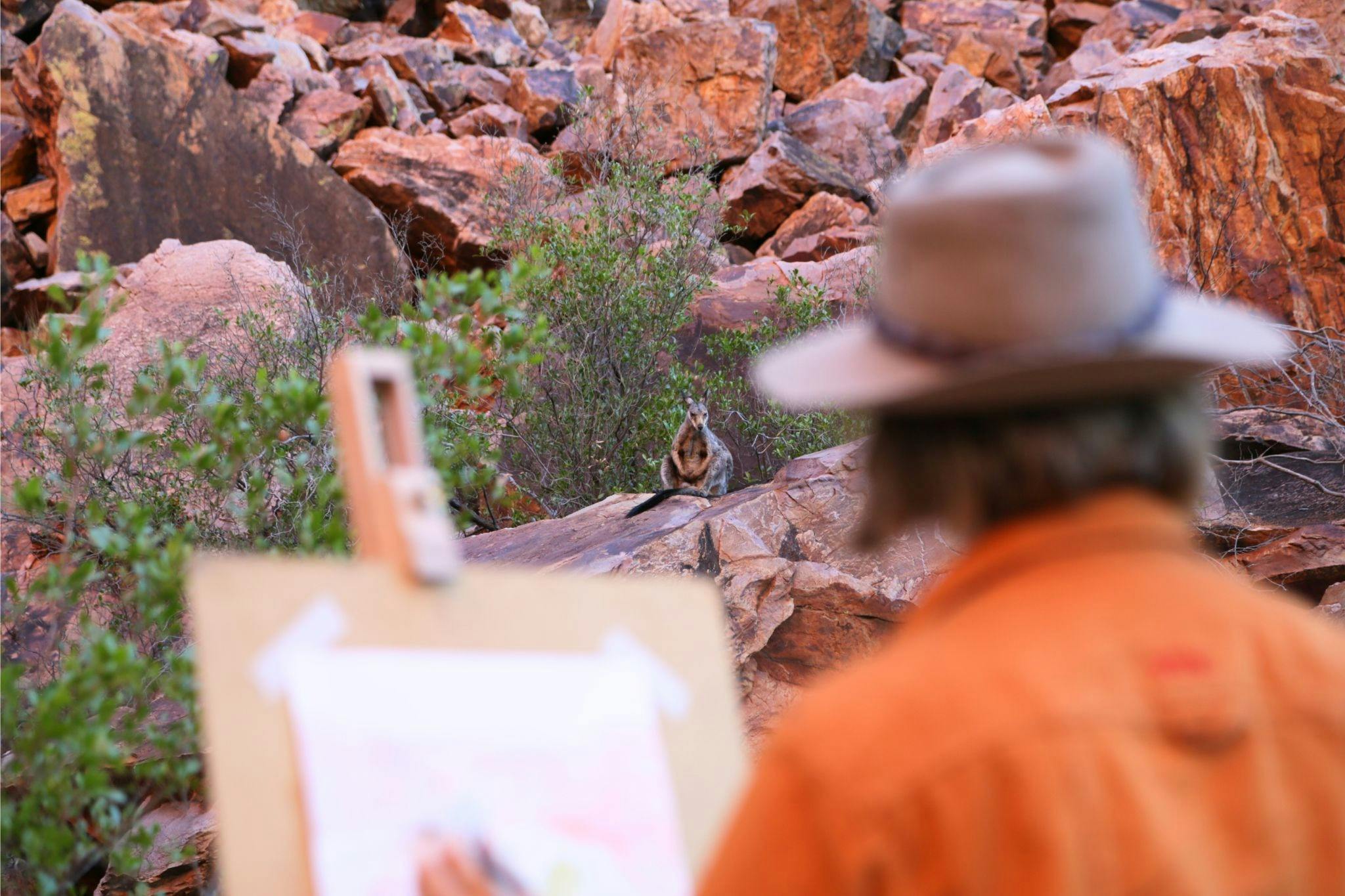 A person wearing a hat stands at a painting easel looking at a wallaby