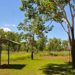 Shelter at the site. The cemetery is on the right.