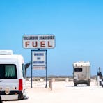 A campervan parked up at the Nullarbor Roadhouse