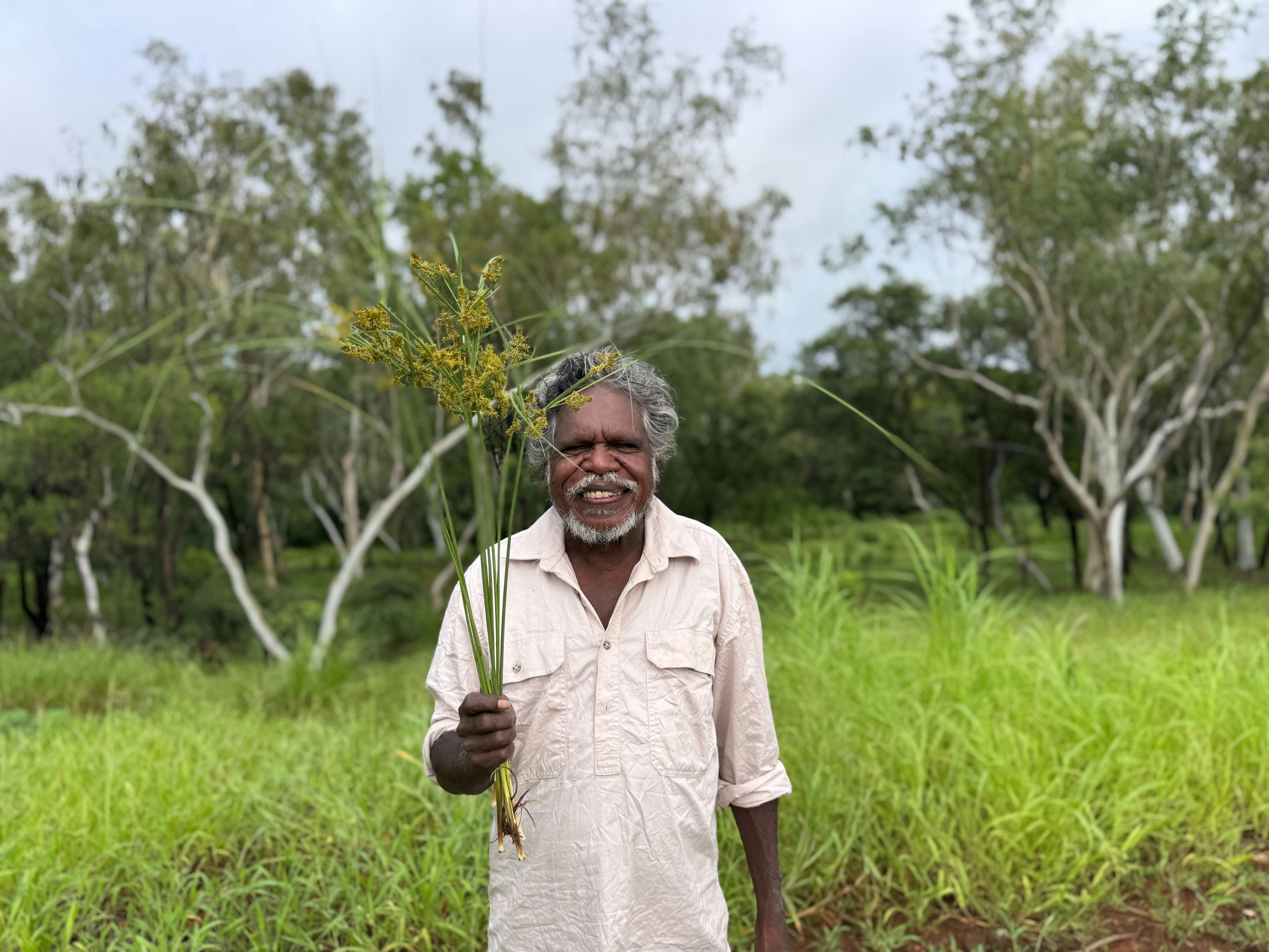 Manuel Pamkal holding Djarlk grass for making paintbrushes.