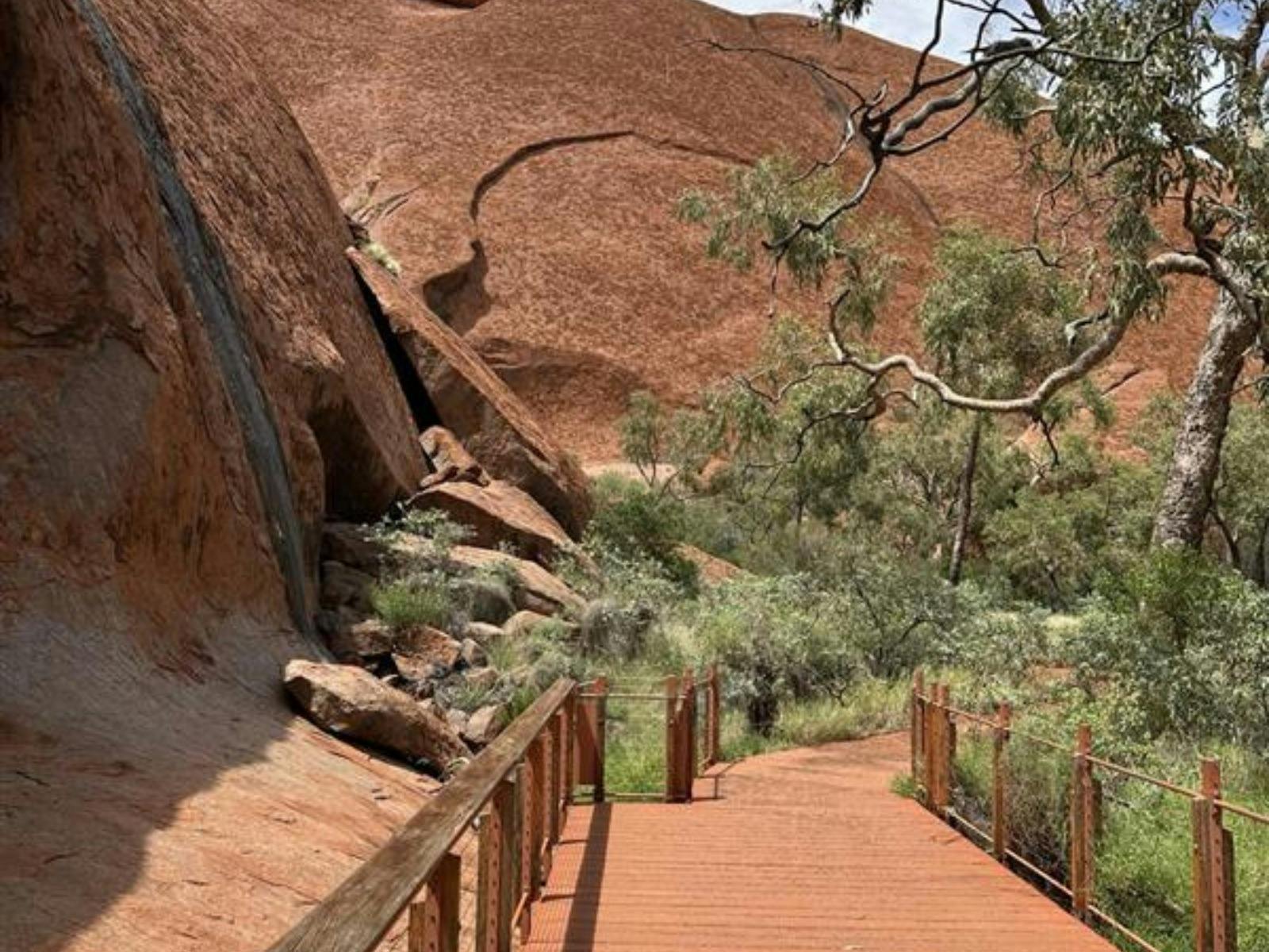 Boardwalk path beside Uluṟu rock face with desert trees and vegetation.