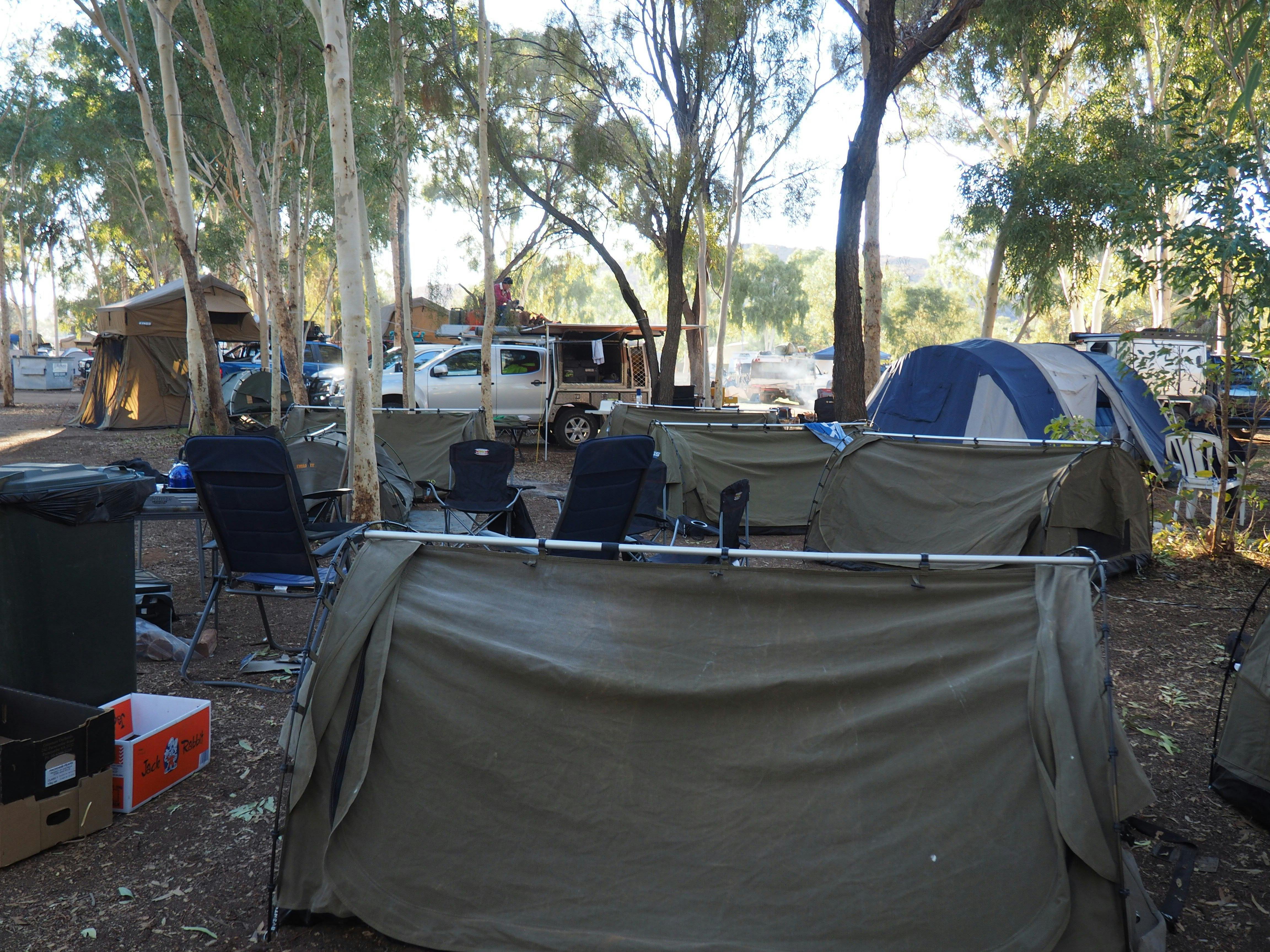 Tents set up in campground area at the Heritage Caravan Park in Alice Springs