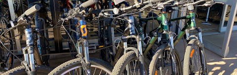 close up of recreational and mountain hire bikes with a "hire me" sign