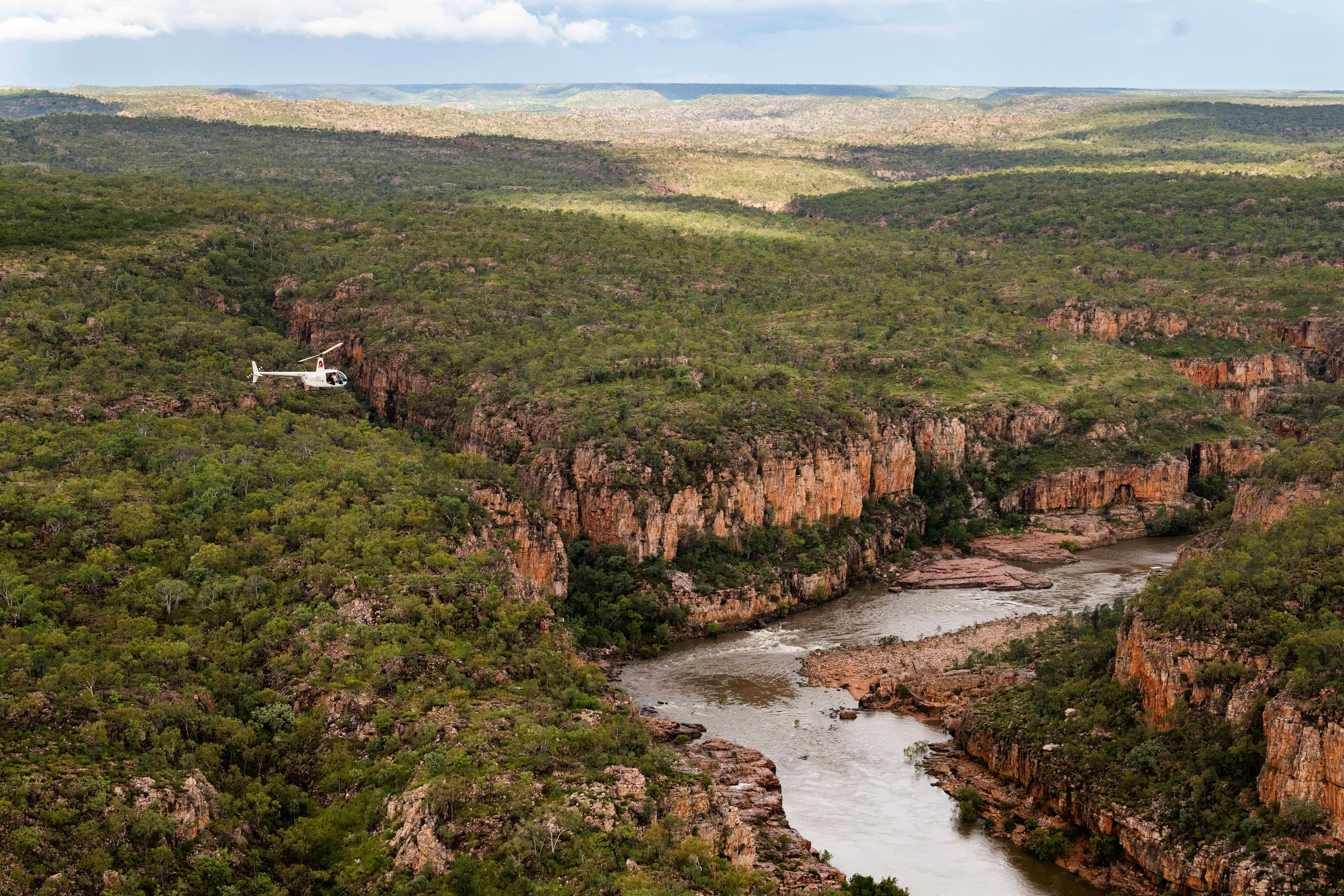 North Horizon helicopter flying through the Nitmiluk gorge