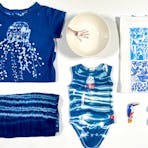 Photograph of blue shop products, textiles and ceramics.