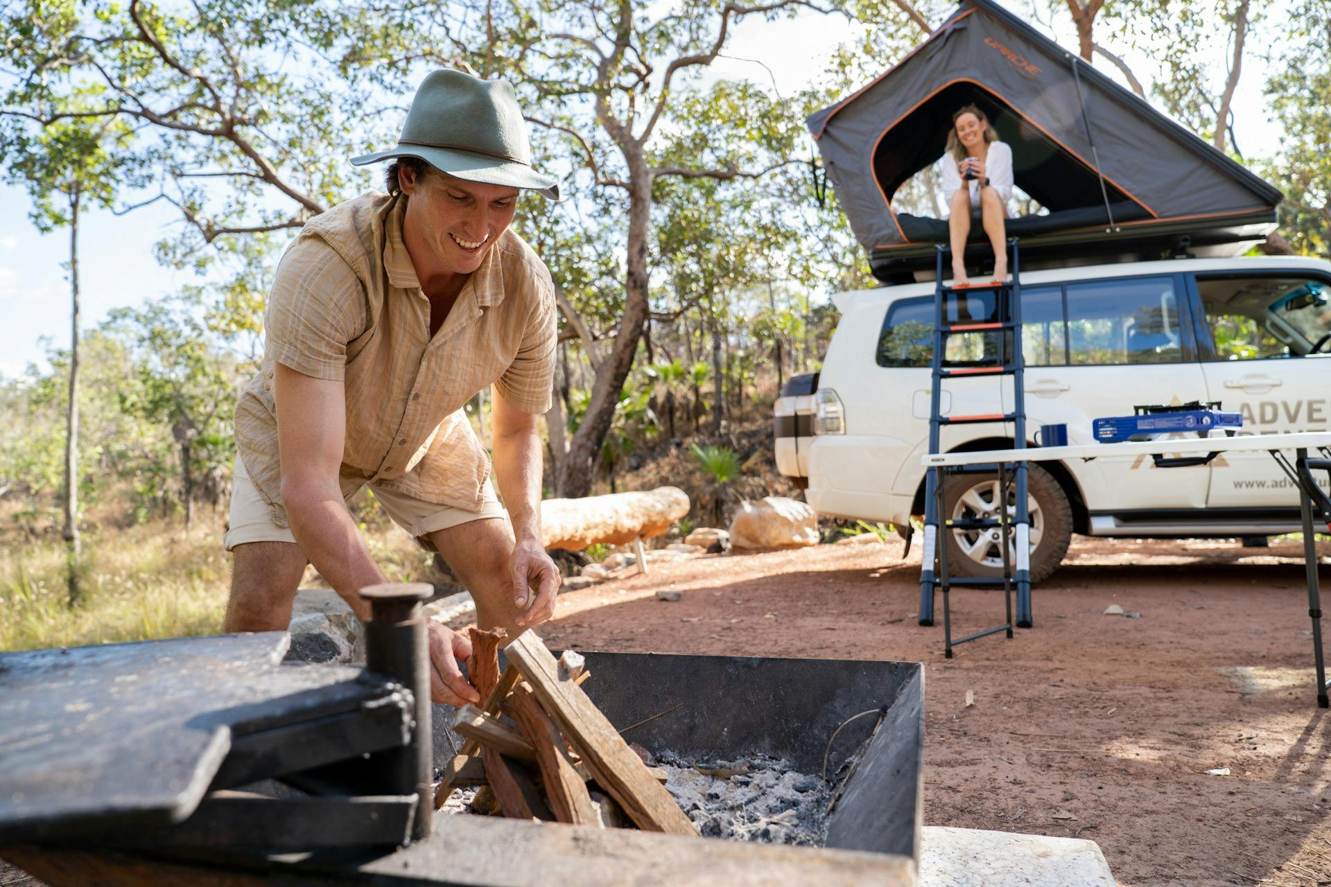 A four wheel drive Mitsubishi Pajero Camper with Roof Top Tent at Litchfield National  Park NECI