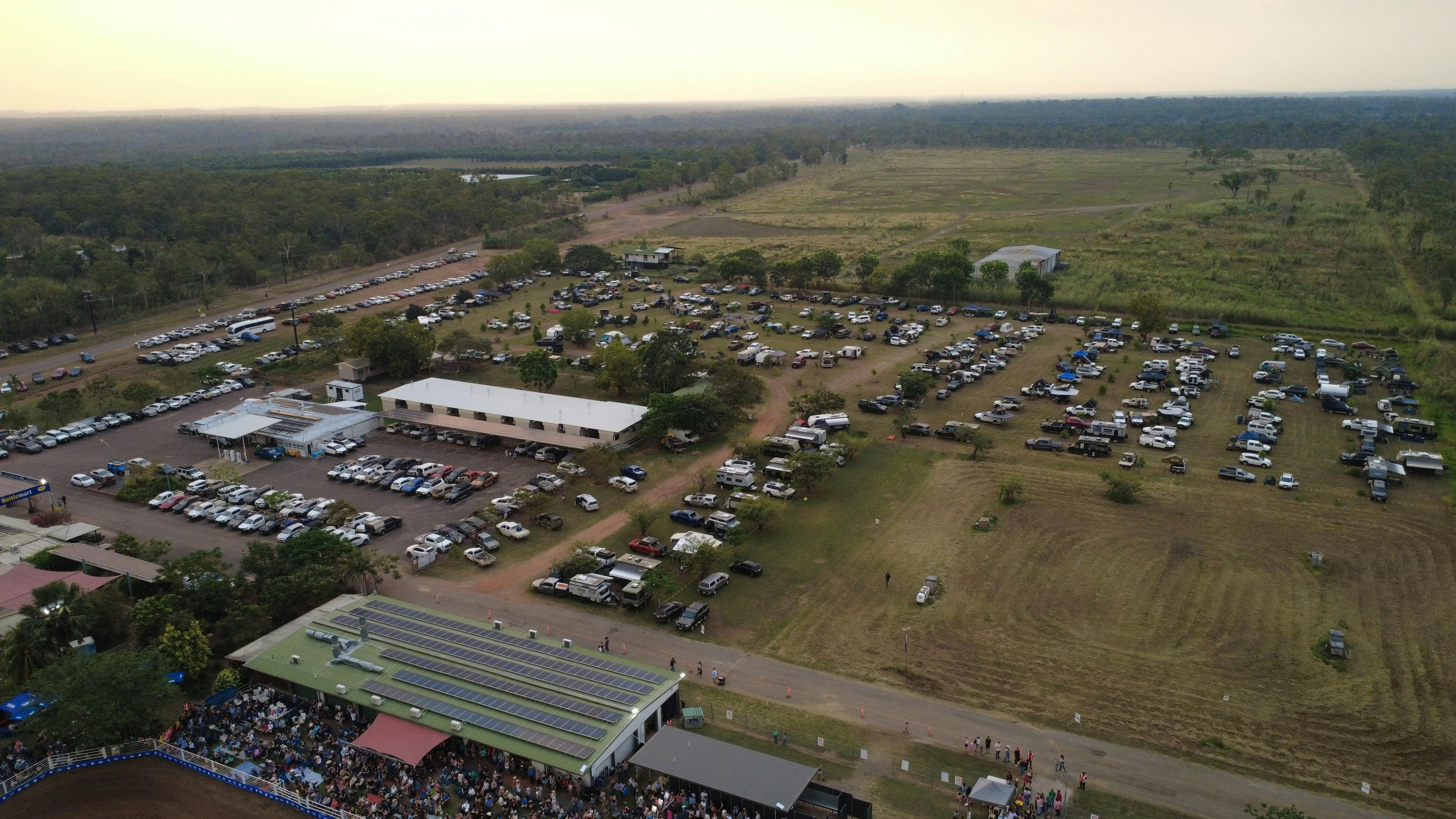 Aerial view of Darwin River Tavern showing campground, event area and rural surroundings