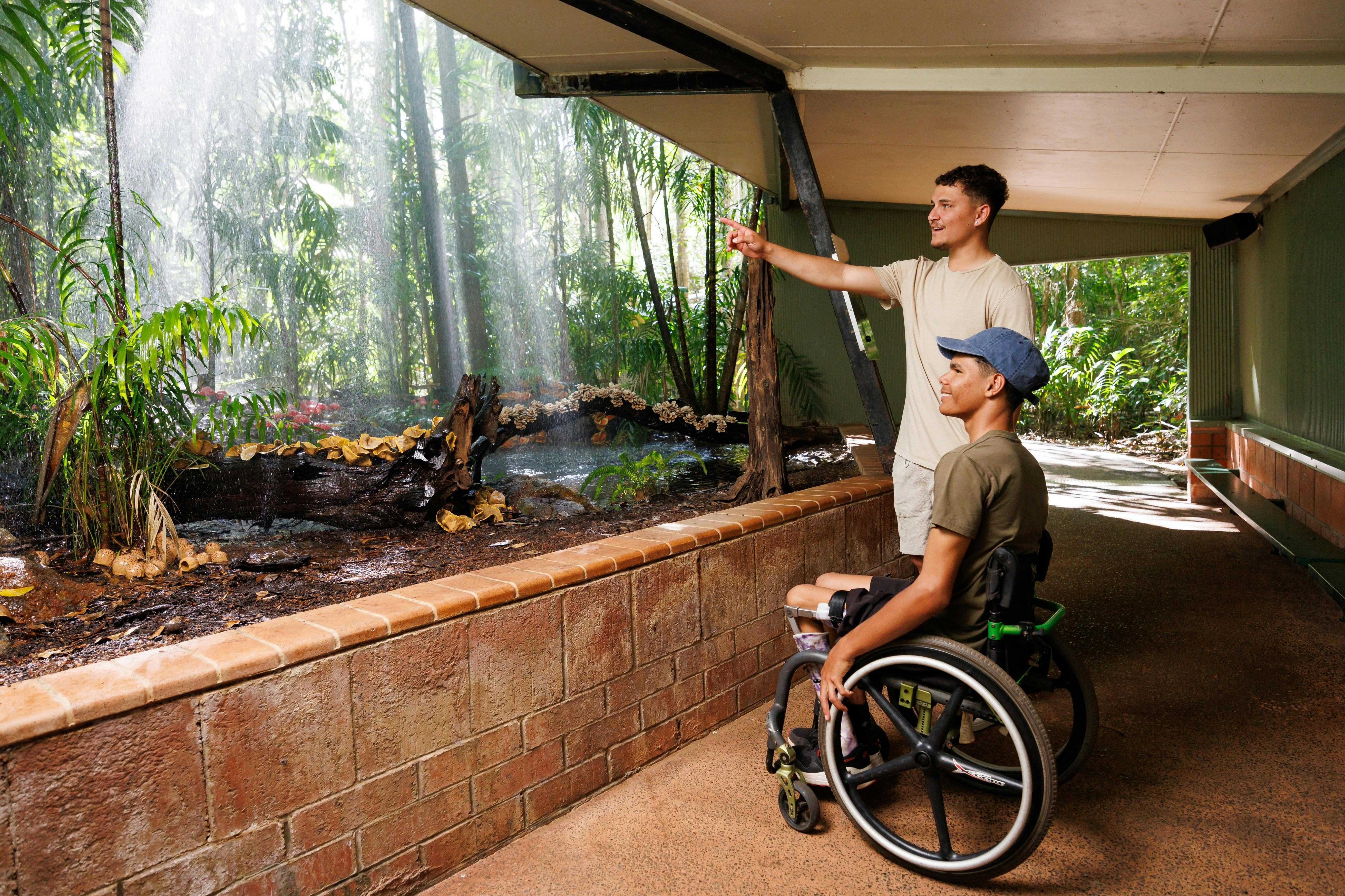 Visitor using a wheelchair exploring the Monsoon Forest exhibit at Territory Wildlife Park.