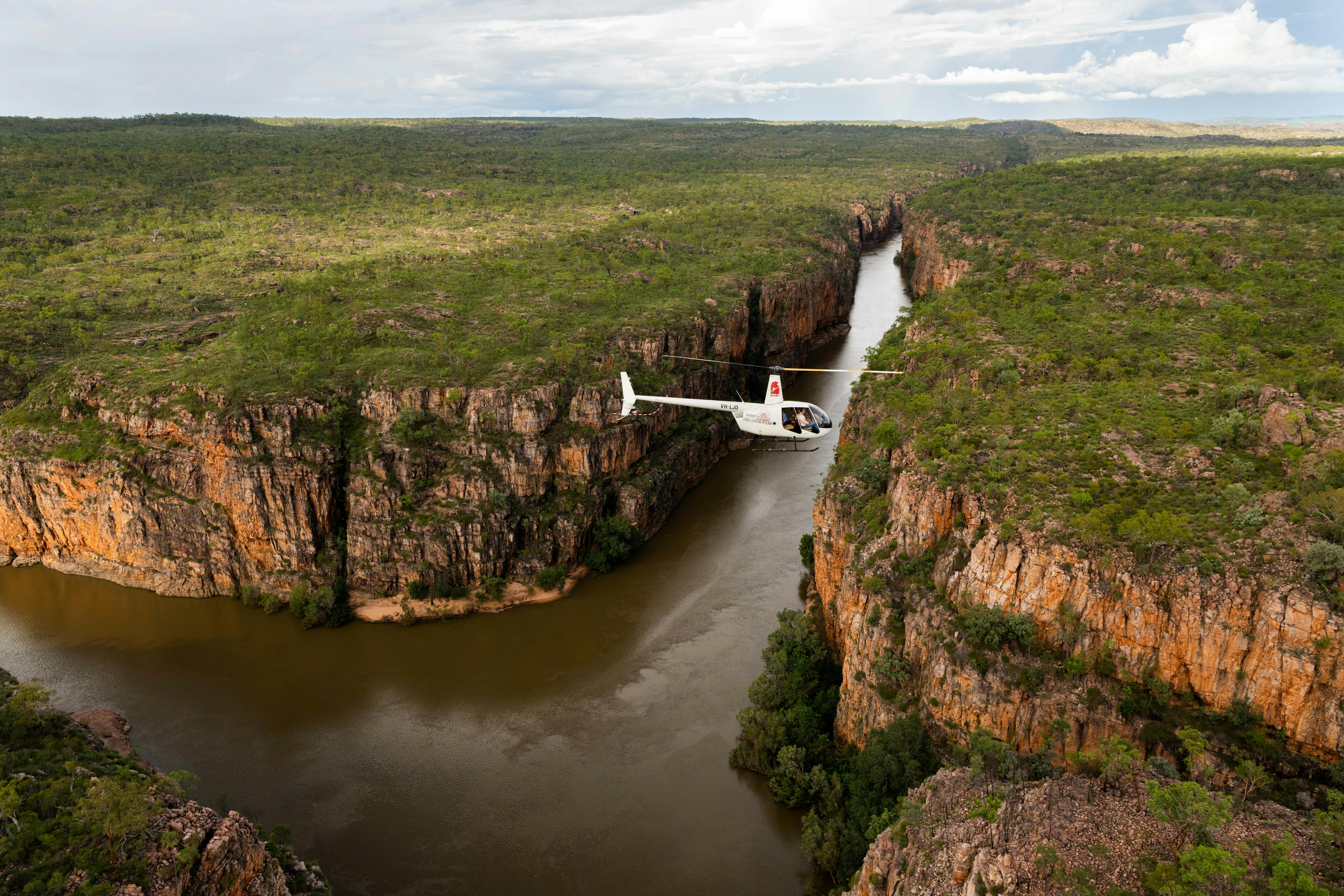 North Horizon helicopter flying through the Nitmiluk gorge