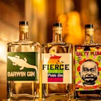 Three bottles of gin produced by Darwin Distilling Co on a bench
