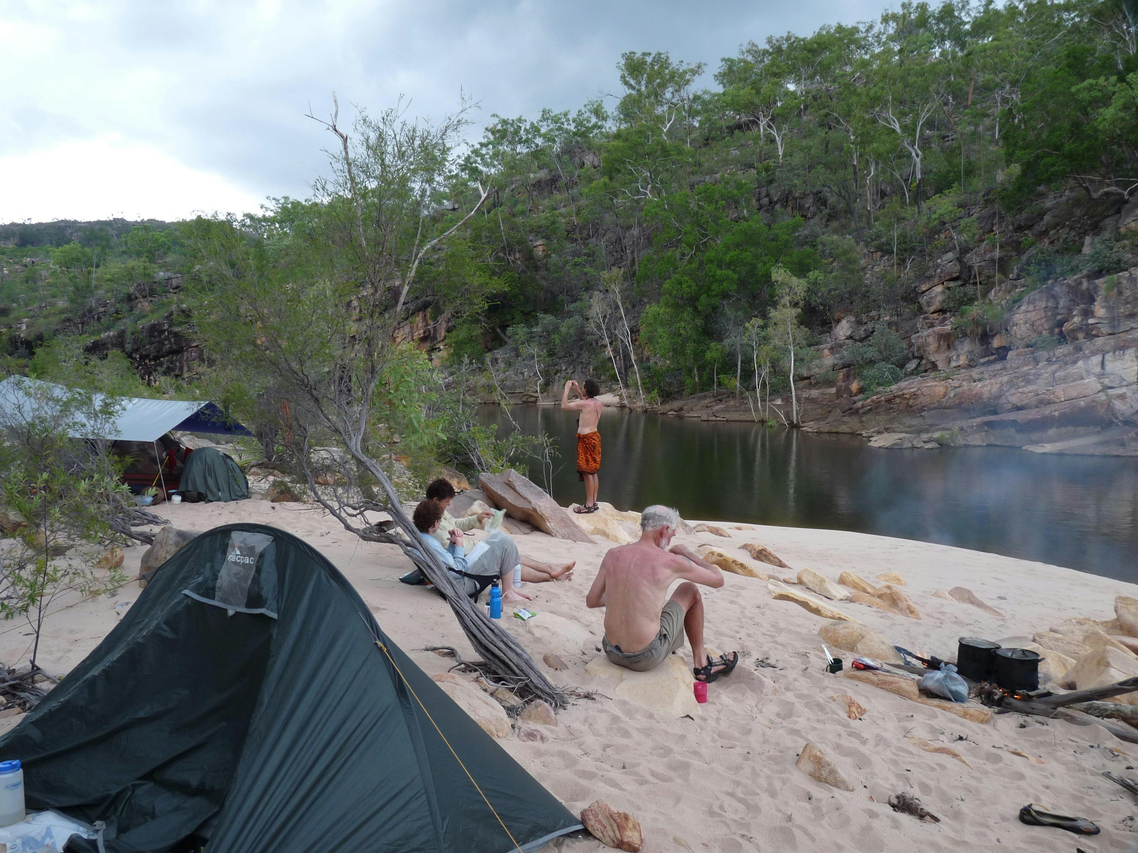 Koolpin campsite. Many camps have sandy beaches like this. Almost all have pools where we can swim.