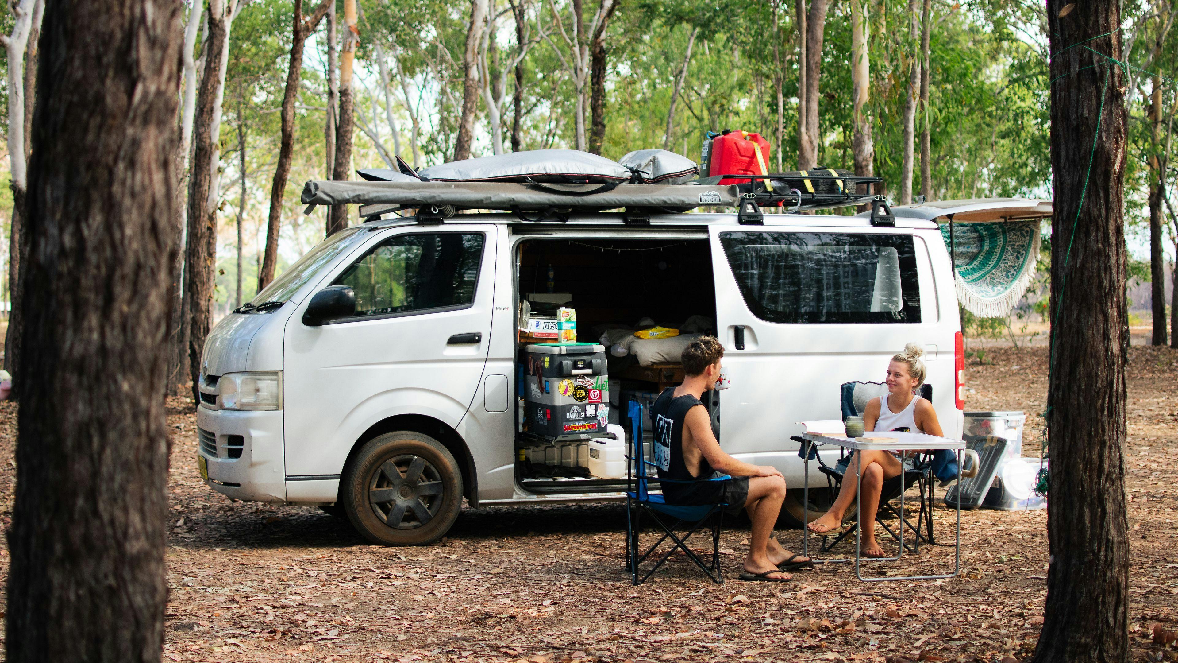 Campsite under the shaded gum trees