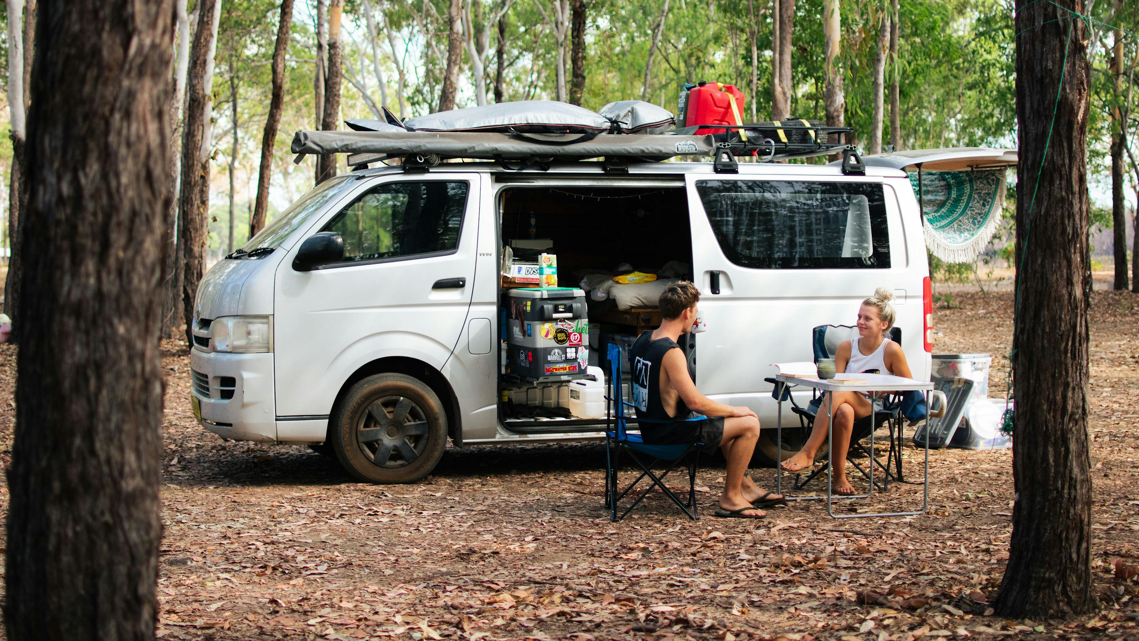 Campsite under the shaded gum trees