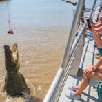 Passengers abord our purpose built vessel, watching a dominant male crocodile rising out of the wate