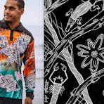 Larrakia/Mayalli artist Keelan Fejo and his original artwork "Ways Under the Banyan Tree'