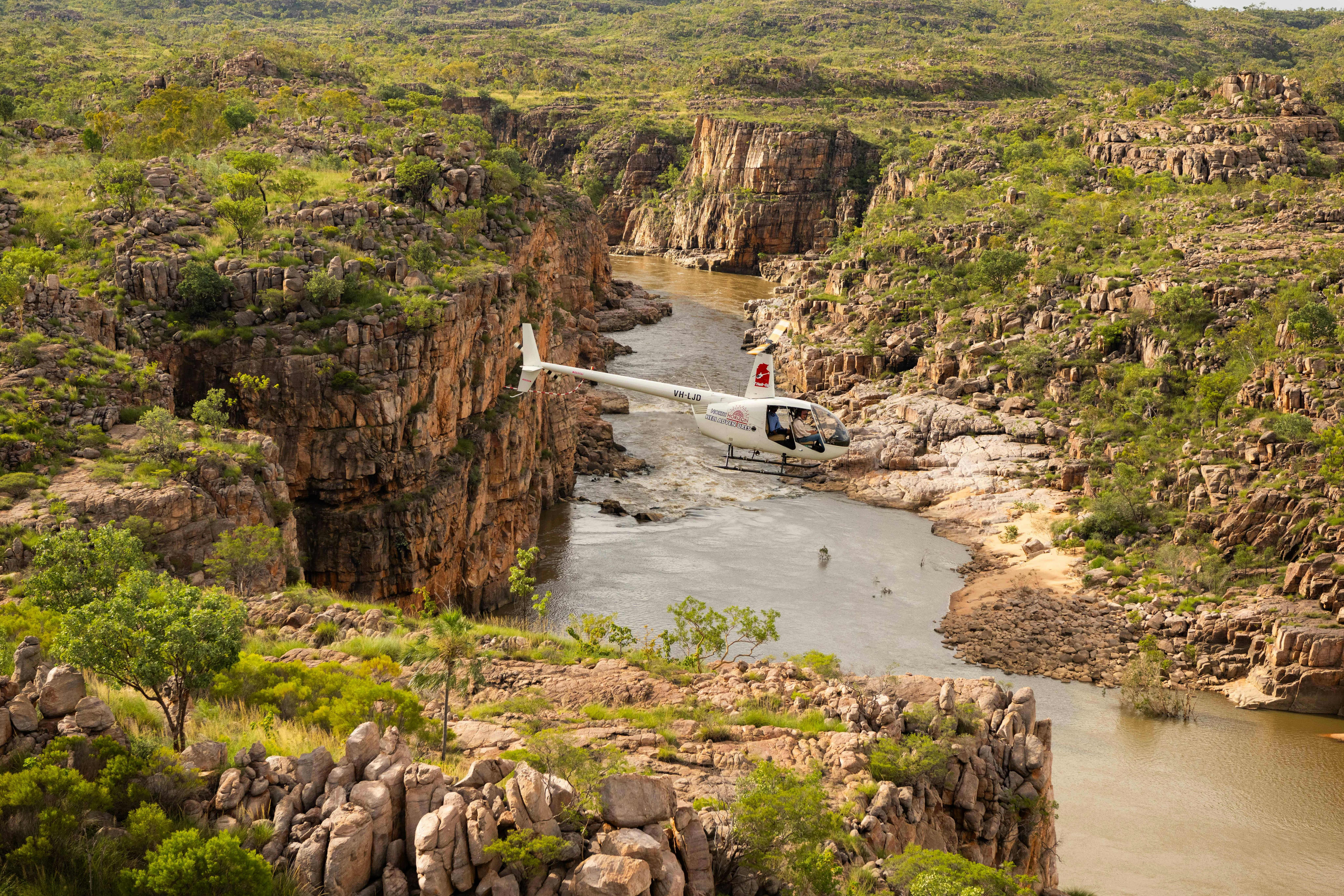 North Horizon helicopter flying through the Nitmiluk gorge