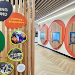 Brightly coloured signs and AV screens on a wall