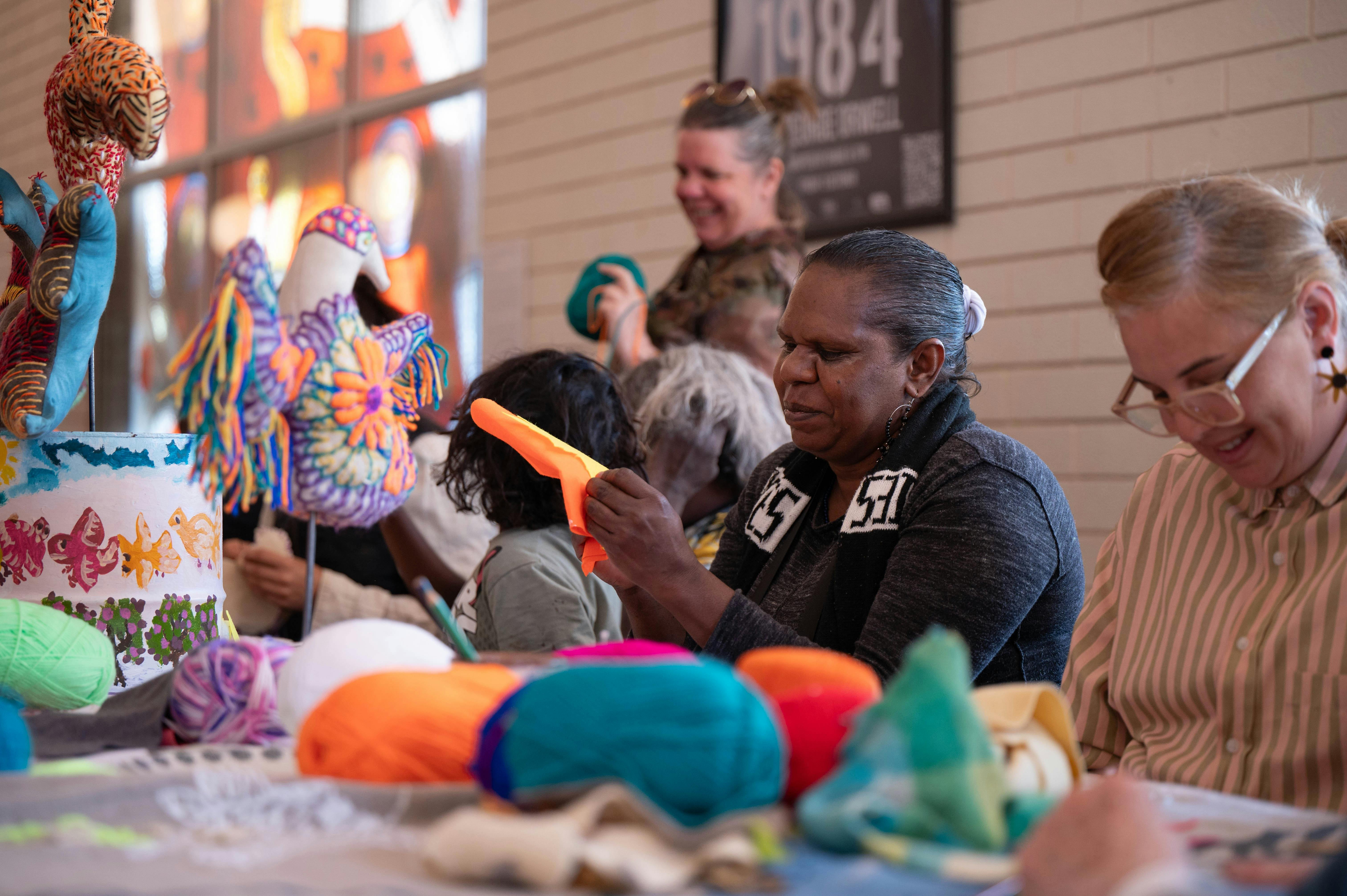 Louise Robertson, Yarrenyty Arltere Artists, Soft Sculpture Workshop at Desert Mob Marketplace 2025.