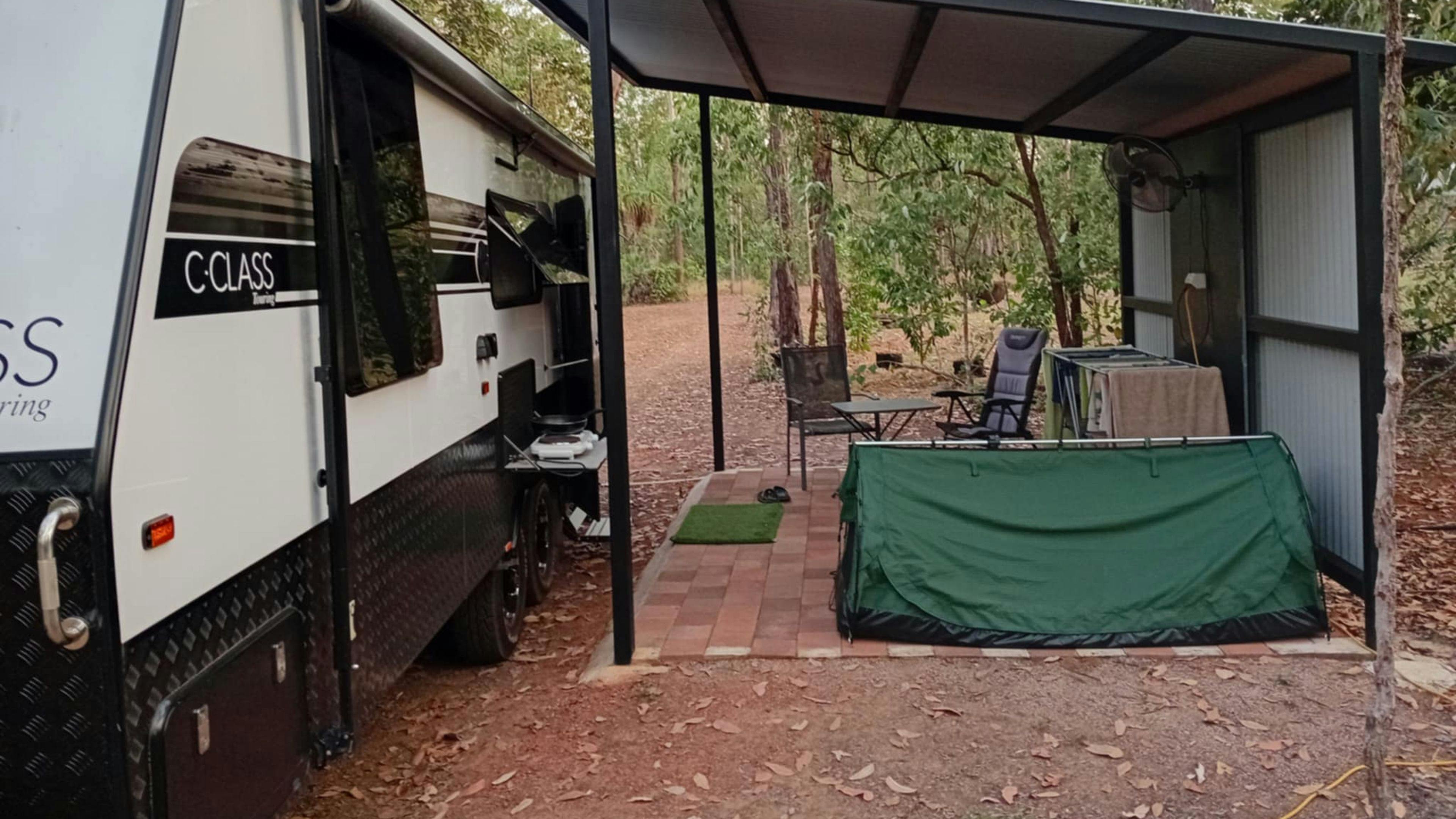 Pull up alongside the lean-to (if allocated this site) and enjoy the shade and fan.