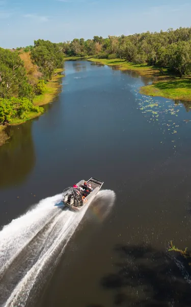 Aerial shot of a group on an airboat tour with Outback Floatplane Adventures