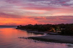 Aerial view of colourful sunset over Eastpoint Reserve in Darwin