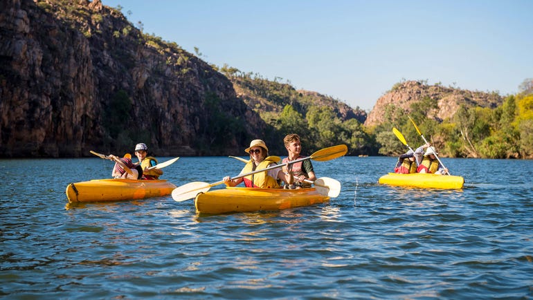 Family canoeing in Nitmiluk National Park