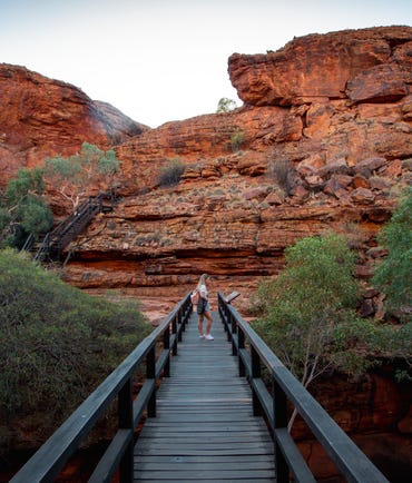 A woman standing on a wooden walkway reading a sign at the Kings Canyon rim walk