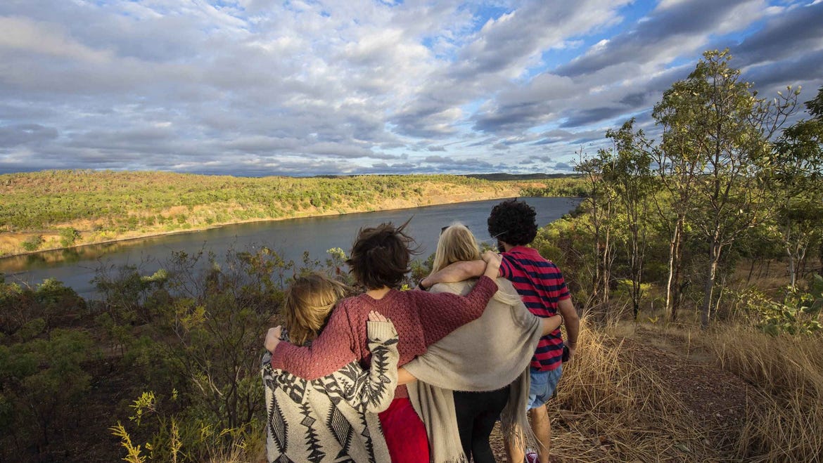 Group of friends visiting the lookout for the former Enterprise pit mine in Pine Creek