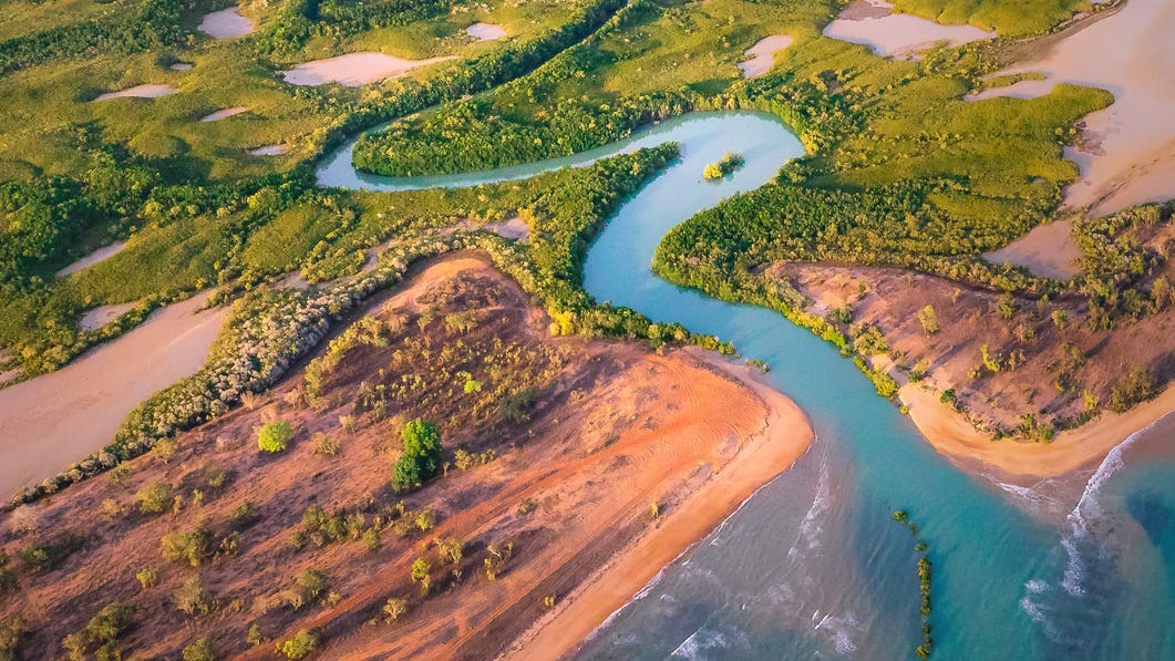 Aerial view of the wetlands and a billabong near Darwin.