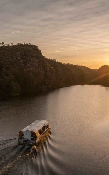 Aerial view of Nitmiluk Gorge Cruise touring during sunset