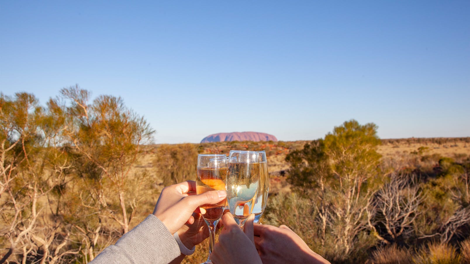 Two people holding drinks with Uluru in the background