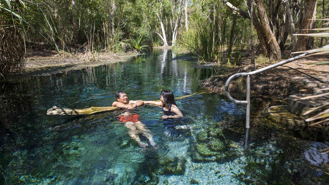 Older couple relaxing at Mataranka Thermal Pools