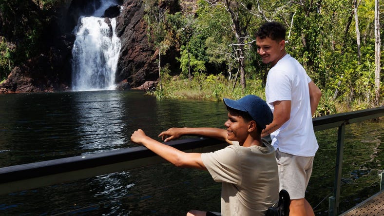 Two people looking at waterfall