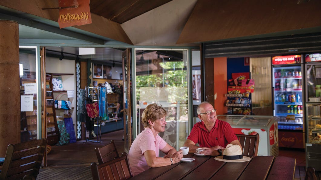 Couple enjoying a coffee at Bowali Visitors Centre Kakadu