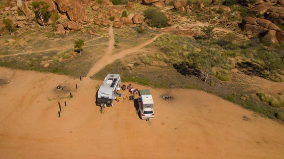 Aerial view of a group camping near Karlu Karlu Devils Marbles in the Barkly Region