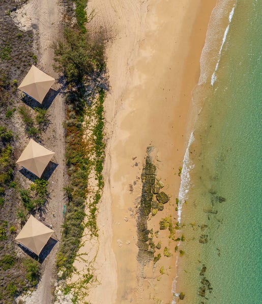Aerial view of Banu Banu Beach Retreat and the beach in Arnhem Land