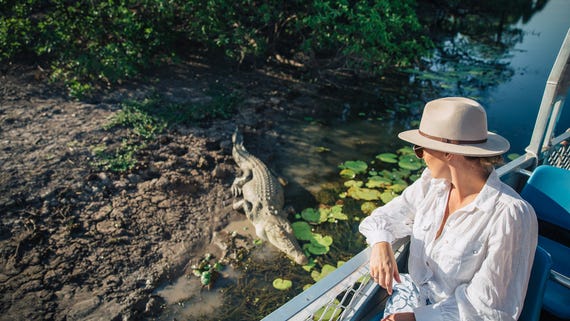 A woman on a boat watching a crocodile on the Yellow Water Billabong wetland in Kakadu in the morning