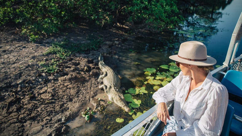 A woman on a boat watching a crocodile on the Yellow Water Billabong wetland in Kakadu in the morning