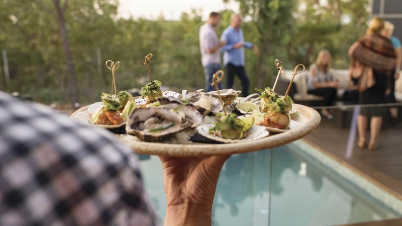 Oysters being served on a plate at the Cicada lodge in Katherine