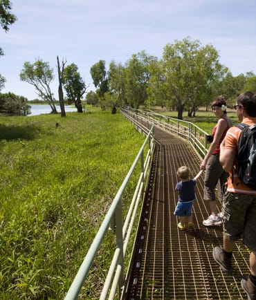 Family walking on boardwalk in Kakadu
